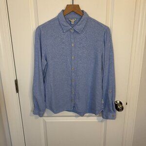 Orvis Shirt Womens Medium Blue Linen Blend Casual Button Front Roll Tab Sleeves‎